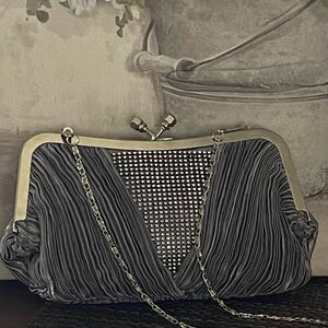 Vintage Gray Pleated Silver Sequins Detachable Chain Clutch/Crossbody Purse